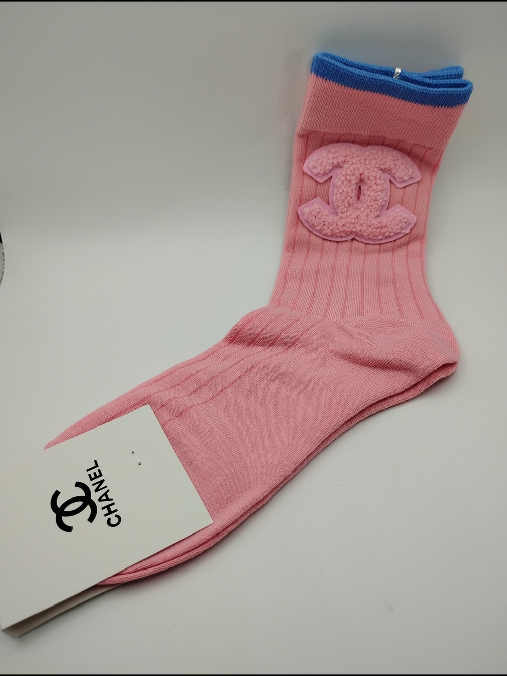 CHANEL Women's Pink Crew Socks with Blue Trim Authentic - Picture 3 of 3